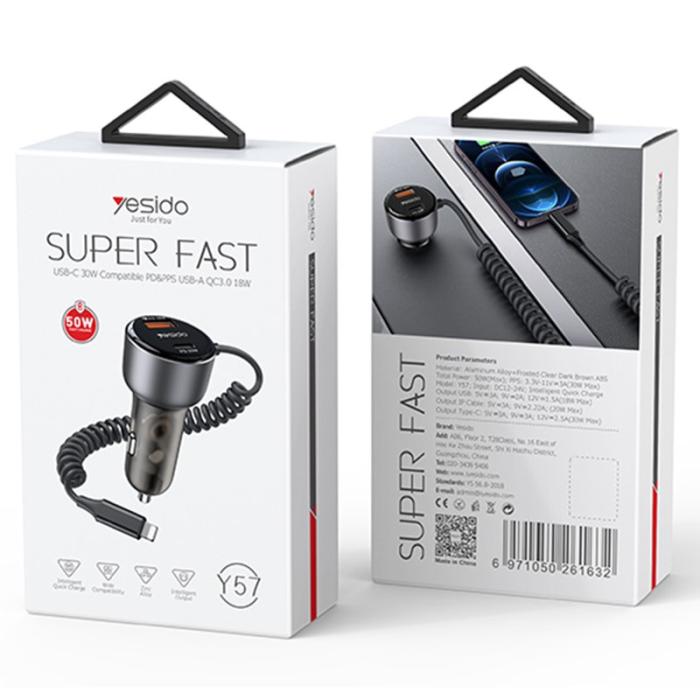OEM - YESIDO Y57 Snabbladdare för bil 50W med spiral Lightning kabel