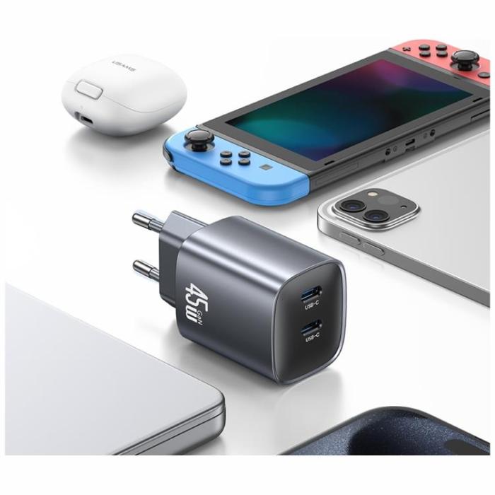 USAMS - USAMS Snabbladdare 45W 2xUSB-C GaN - Tarnish