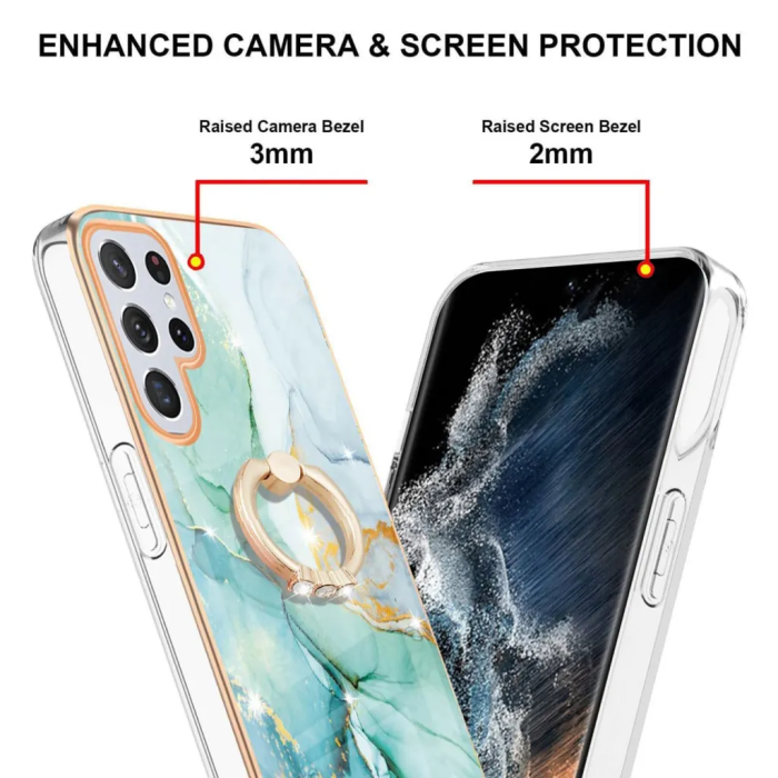 OEM - Galaxy S23 Ultra Skal Ringhållare Roterbart, Marmorerat - Grön
