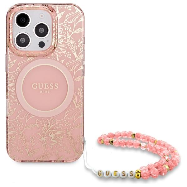 Guess iPhone 16 Pro Mobilskal MagSafe IML Flowers Med Strap - Rosa | 2353 | AlltMobil