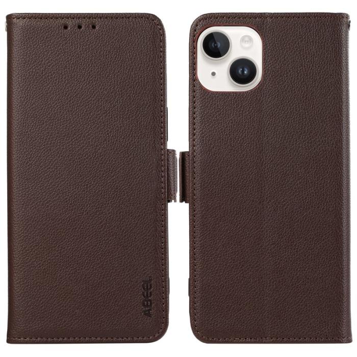ABEEL - ABEEL iPhone 14 Plus Plånboksfodral Konstläder Litchi RFID Skydd - Brun