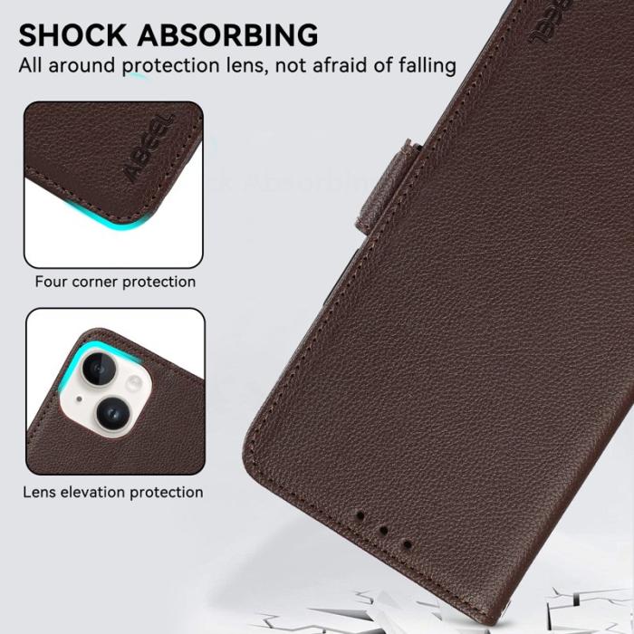 ABEEL - ABEEL iPhone 14 Plus Plånboksfodral Konstläder Litchi RFID Skydd - Brun