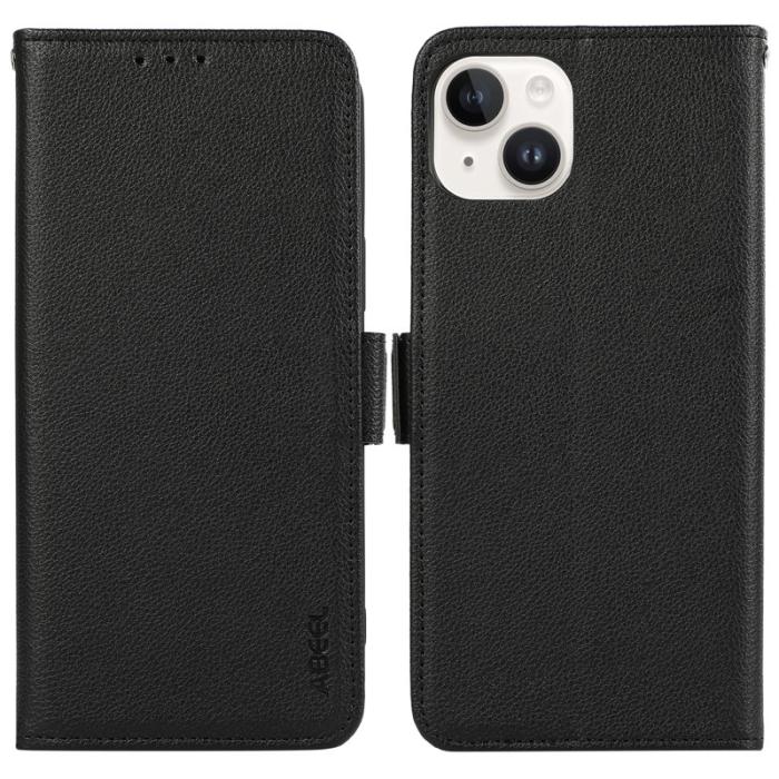 ABEEL - ABEEL iPhone 14 Plus Plånboksfodral Konstläder Litchi RFID Skydd - Svart