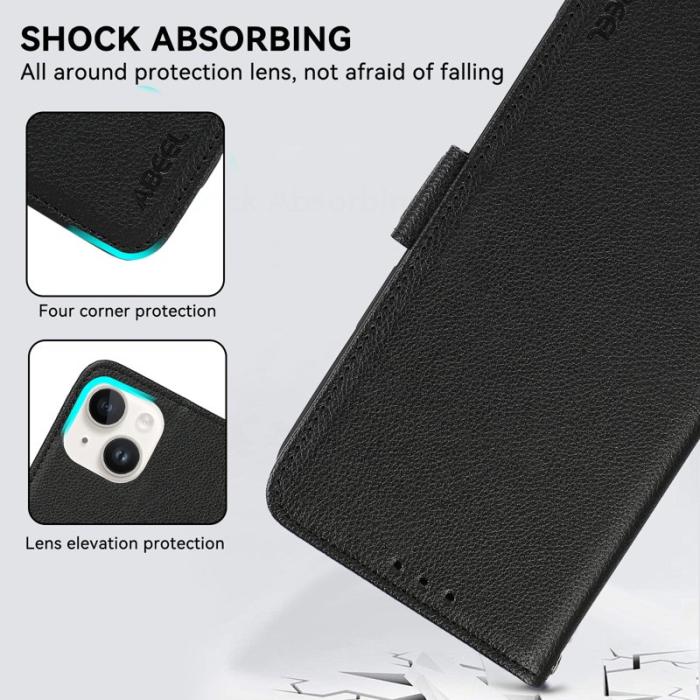 ABEEL - ABEEL iPhone 14 Plus Plånboksfodral Konstläder Litchi RFID Skydd - Svart