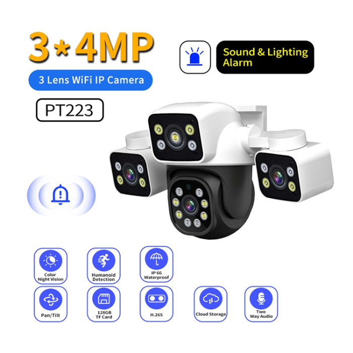ESCAM - ESCAM WiFi-Säkerhetskamera 3 x 4MP Objektiv Rörelsedetekteringslarm - EU-kontakt