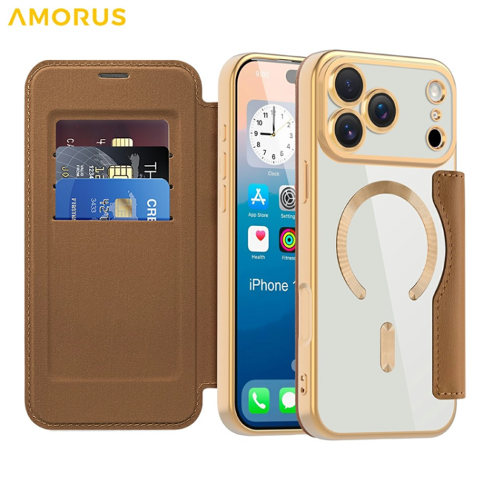 Amorus - AMORUS iPhone 17 Pro Plånboksfodral MagSafe RFID - Brun