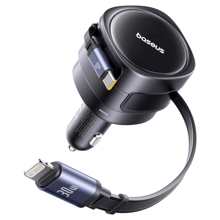 BASEUS - Baseus Billaddare USB-C Till Lightning Kabel Retractable 60W - Svart