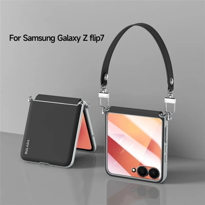SULADA - SULADA Galaxy Z Flip 7 Mobilskal med Rem Läder - Svart