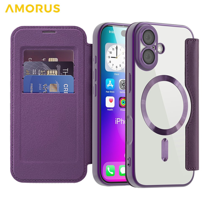 Amorus - AMORUS iPhone 17 Plånboksfodral MagSafe RFID Blocking - Lila