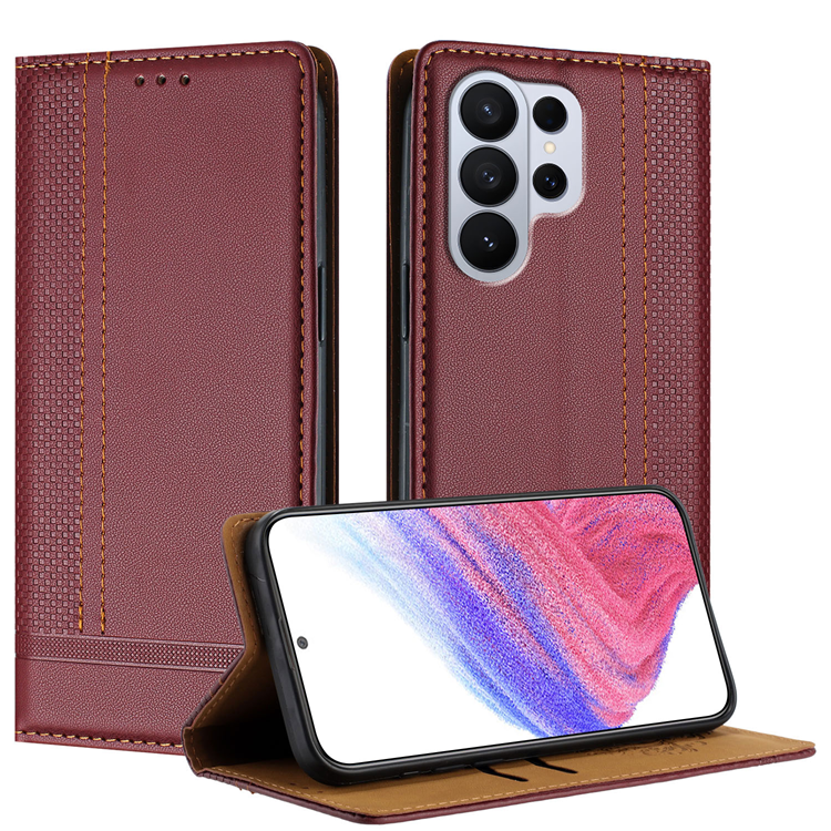 Galaxy S26 Ultra Plånboksfodral L-Shaped Grid Pattern - Vinröd | 2353 | AlltMobil