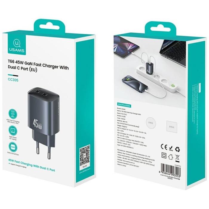 USAMS - USAMS Snabbladdare 45W 2xUSB-C GaN - Tarnish