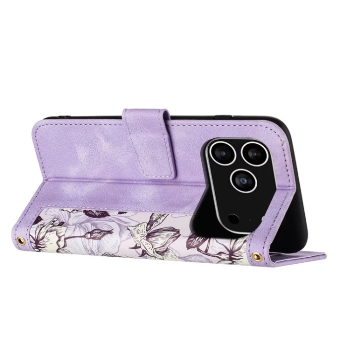 A-One Brand - iPhone 17 Pro Plånboksfodral Floral Konstläder - Lila