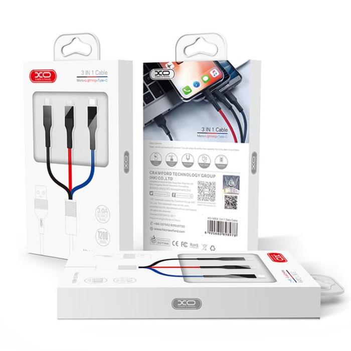 XO - XO 3in1 USB/MicroUSB/Lightning/Typ-C 1.2m 3A NB54 Flerfärgad