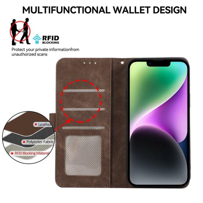 ABEEL - ABEEL iPhone 14 Plus Plånboksfodral Konstläder RFID Skydd Flip - Brun