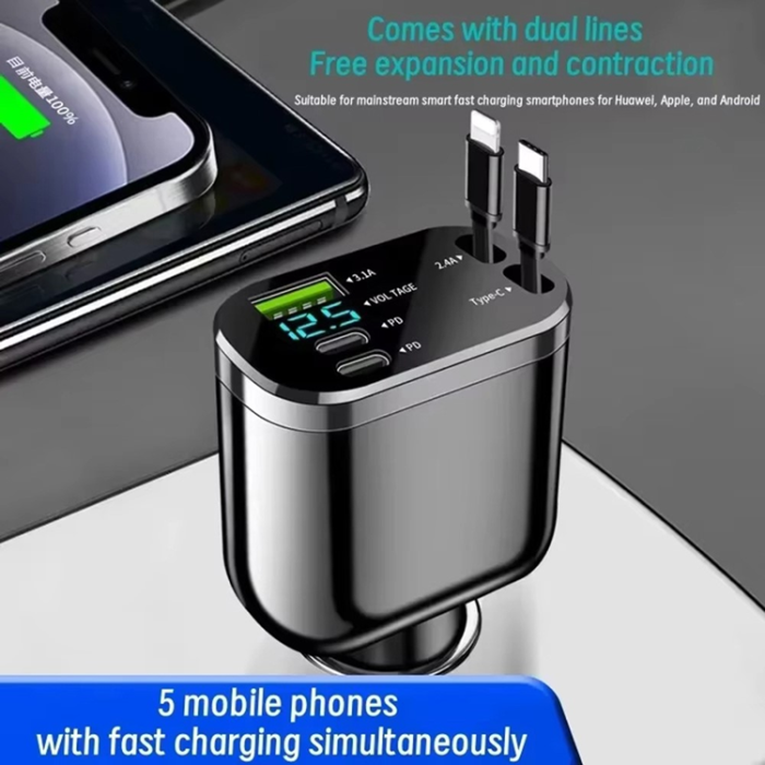 A-One Brand - 5in1 Billaddare USB-A/2x USB-C Indragbar USB-C/Lightning Kabel