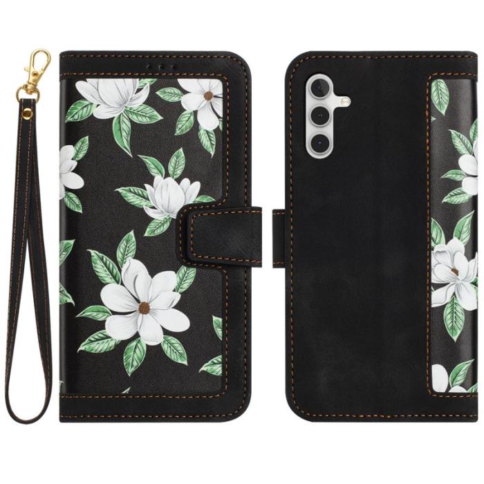 OEM - Mobilskal till Samsung Galaxy S26 Plus PU Läder Blommönster - Svart