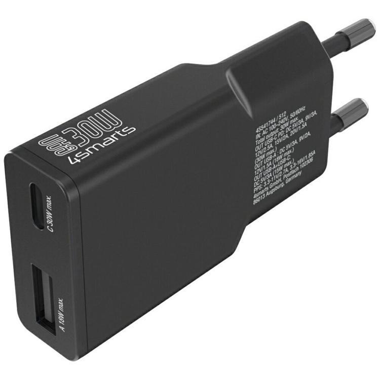 4smarts Snabbladdare 30W 1xUSB-C 1xUSB-A FlatPlug Duos - Svart