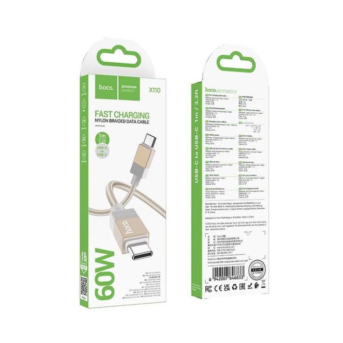 Hoco - Hoco USB-C - USB-C 60W 3A Kabel 1m X110 - Guld