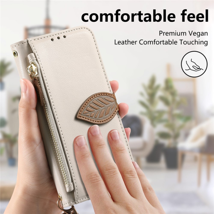 A-One Brand - iPhone 17 Plånboksfodral Leaf Magnetiskt Spänne Konstläder - Beige