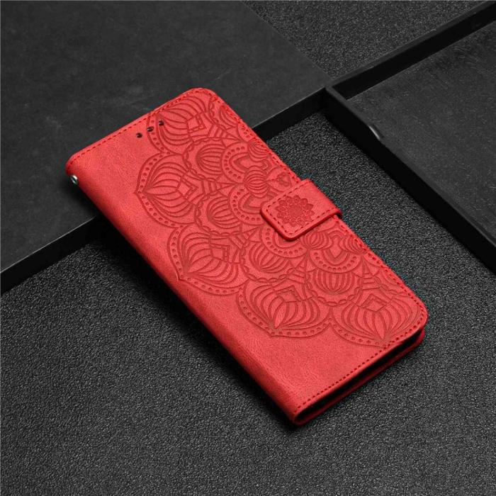 A-One Brand - Galaxy A14 5G/4G Plånboksfodral Mandala Flower Imprinted - Röd