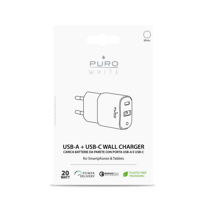 UTGATT1 - Puro Wall Väggladdare Mini 1 USB-C + 1 USB-A 20W - Vit