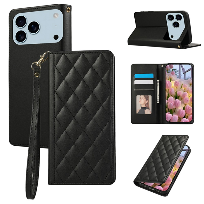 A-One Brand - iPhone 17 Pro Max Plånboksfodral RFID Rhombus Läder - Svart