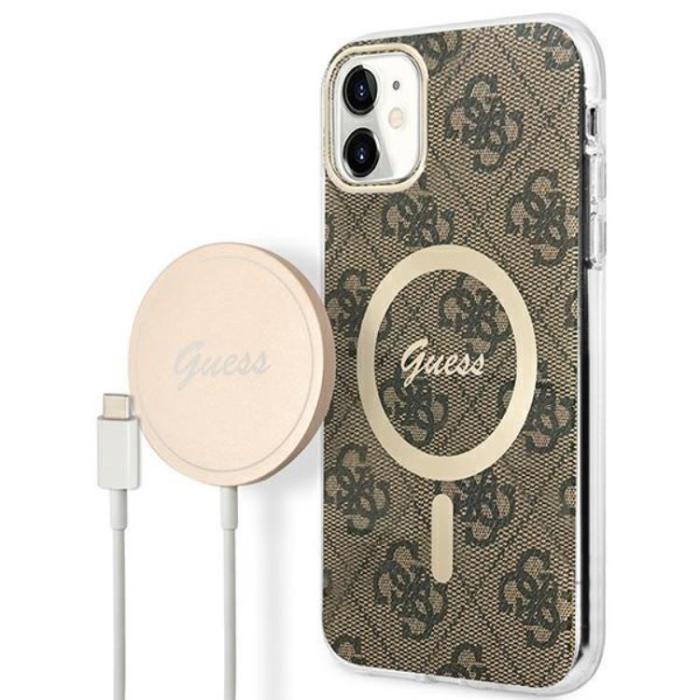 Guess - Guess iPhone 11 Magsafe Skal Print + Trådlös Laddare - Brun