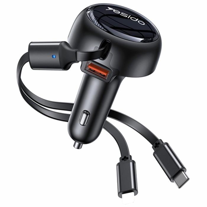 OEM - YESIDO Y61 53W Snabbladdare för bil med USB-port och 2-i-1 utdragbar kabel