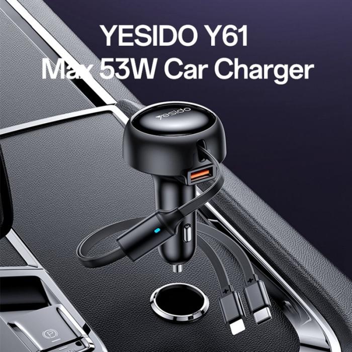 OEM - YESIDO Y61 53W Snabbladdare för bil med USB-port och 2-i-1 utdragbar kabel