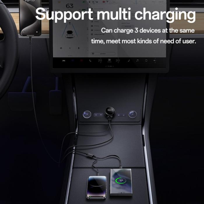 OEM - YESIDO Y61 53W Snabbladdare för bil med USB-port och 2-i-1 utdragbar kabel