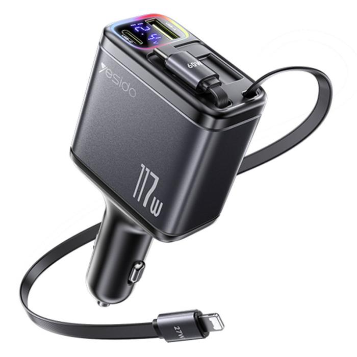 OEM - YESIDO Y63 117W Snabbladdare USB-A + Type-C Biladapter med utdragbara kablar