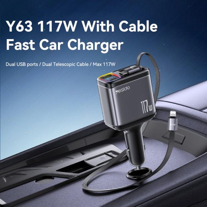 OEM - YESIDO Y63 117W Snabbladdare USB-A + Type-C Biladapter med utdragbara kablar