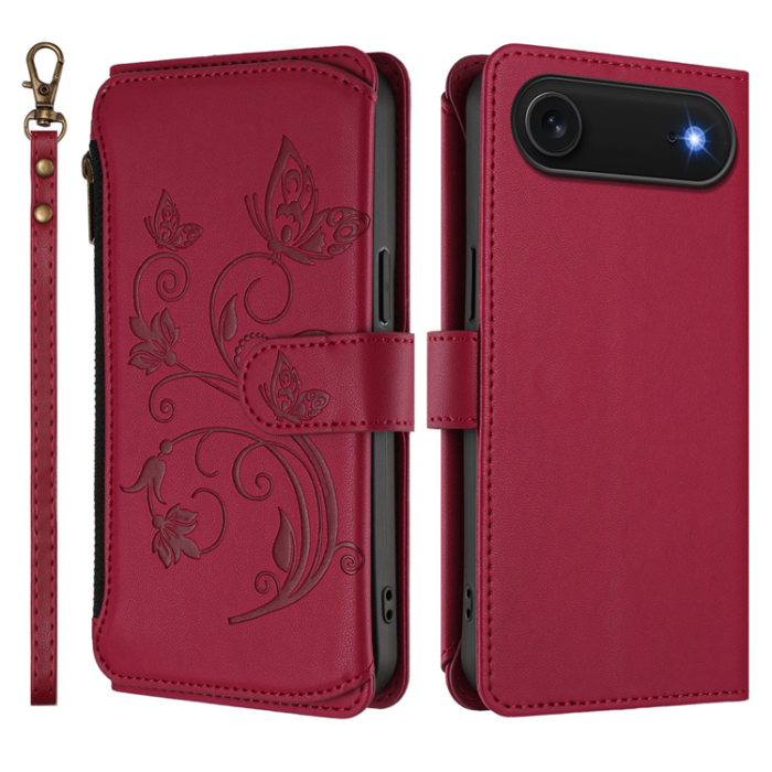 A-One Brand - iPhone 17 Air Plånboksfodral Butterfly Floral Imprint - Vinröd
