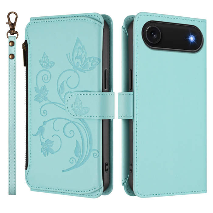 A-One Brand - iPhone 17 Air Plånboksfodral Butterfly Floral Imprint - Mintgrön