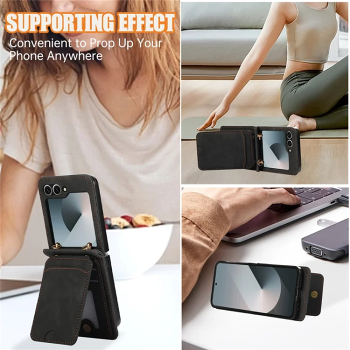 A-One Brand - Galaxy Z Flip7 Plånboksfodral Kickstand med Axelrem - Svart
