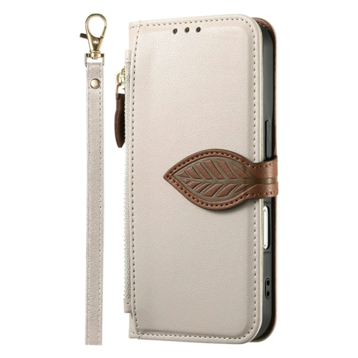 A-One Brand - iPhone 17 Pro Plånboksfodral Leaf Magnetiskt Spänne Konstläder - Beige