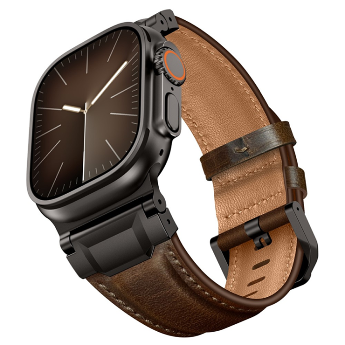 A-One Brand - Apple Watch (42/44/45/46/49mm) Armband Cowhide Läder - Coffee Brun/Svart
