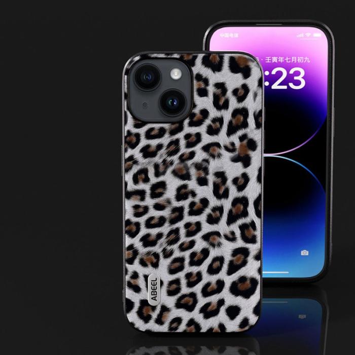 ABEEL - ABEEL Mobilskal till iPhone 14 Plus PU Läder TPU + PC Leopard Silver