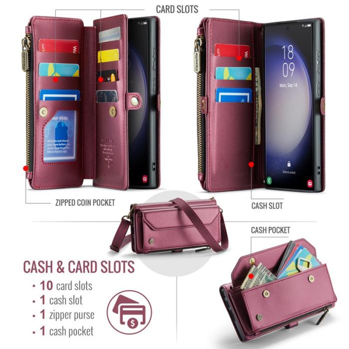 Caseme - CASEME Plånboksfodral Konstläder för Samsung Galaxy S23 Ultra - Vinröd