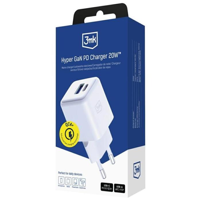 3MK - 3MK Snabbladdare 20W 1xUSB-A 1XUSB-C PD QC4 Hyper GaN - Vit