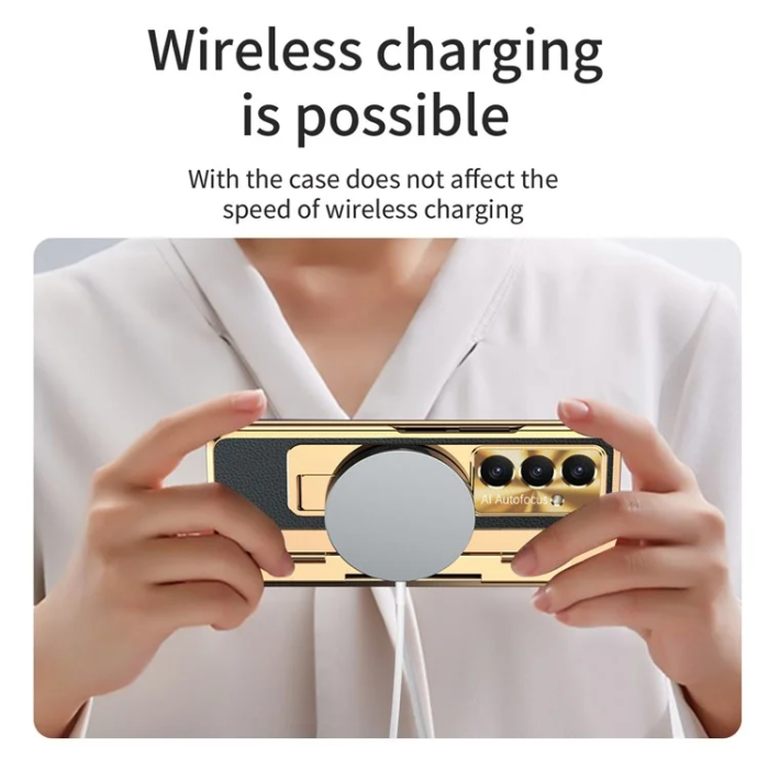 A-One Brand - Galaxy Z Fold7 5G Mobilskal läder + PC Kickstand - Guld+Svart