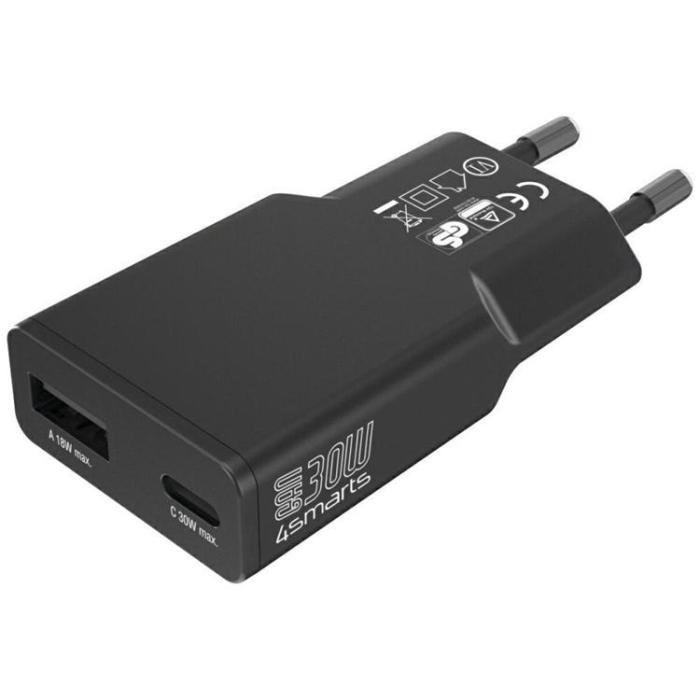 4smarts - 4smarts Snabbladdare 30W 1xUSB-C 1xUSB-A FlatPlug Duos - Svart