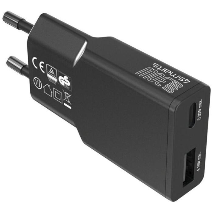 4smarts - 4smarts Snabbladdare 30W 1xUSB-C 1xUSB-A FlatPlug Duos - Svart
