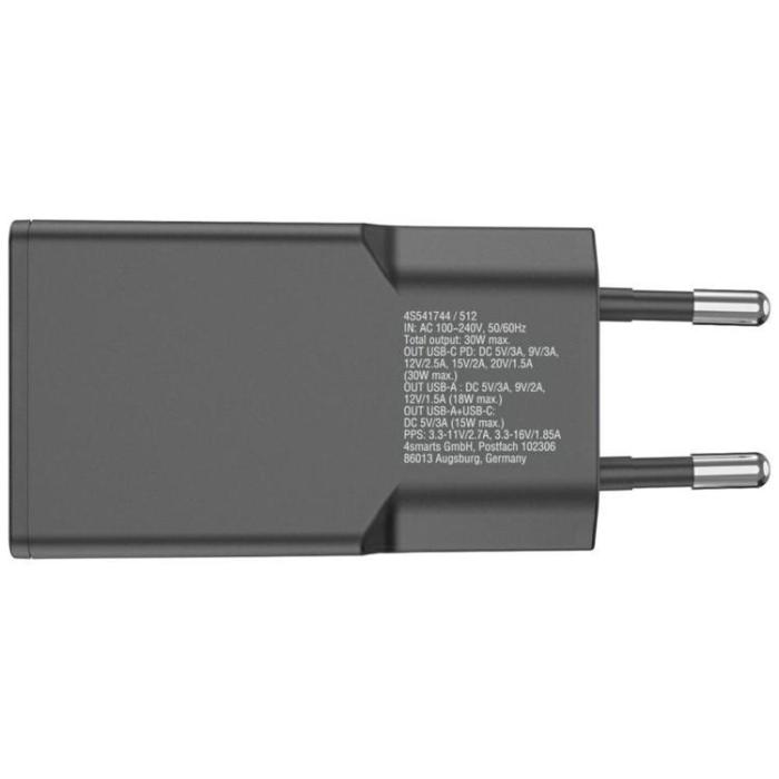 4smarts - 4smarts Snabbladdare 30W 1xUSB-C 1xUSB-A FlatPlug Duos - Svart