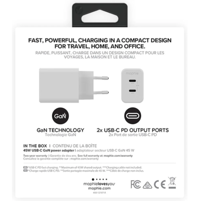 UTGATT1 - Mophie PD Väggladdare 45W DUAL USB-C - Vit