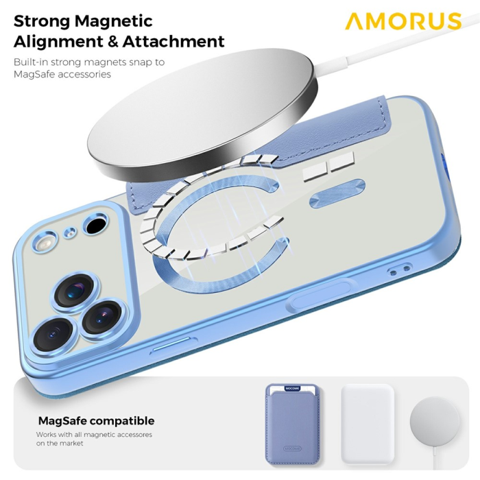 Amorus - AMORUS iPhone 17 Pro Max Plånboksfodral MagSafe RFID - Blå
