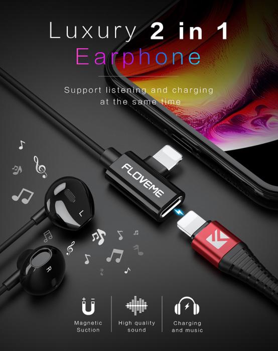 Floveme - Floveme Lightning Hörlurar med extra lightning uttag - Svart