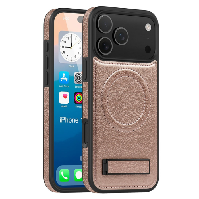 A-One Brand - iPhone 17 Pro Mobilskal MagSafe Kickstand Läder - Roséguld