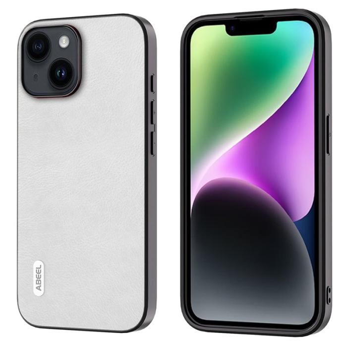 ABEEL - ABEEL iPhone 14 Plus Fodral Stöttåligt Litchi Textur Vit
