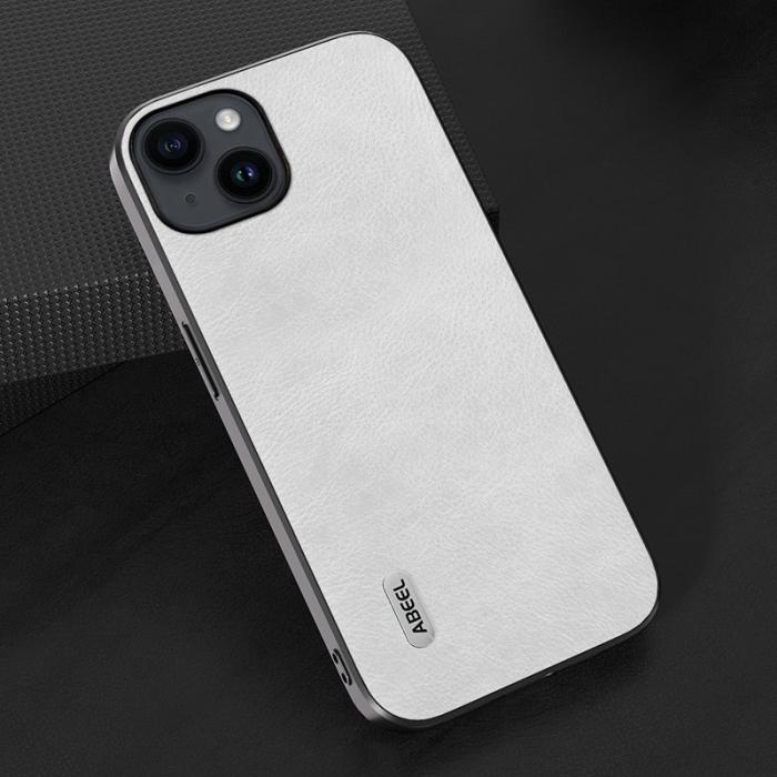 ABEEL - ABEEL iPhone 14 Plus Fodral Stöttåligt Litchi Textur Vit